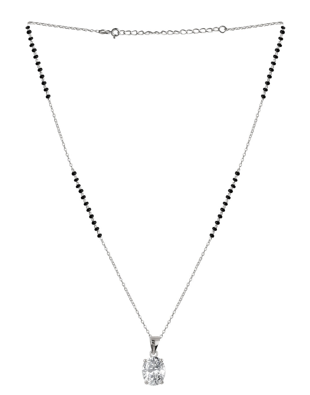 925 Silver Single Solitaire Oval CZ Stone Pendant with Earrings Black Beads Mangalsutra