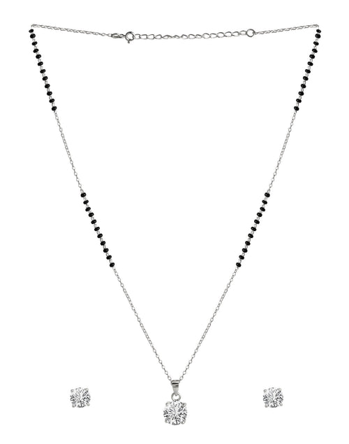 925 Silver Single Solitaire Round CZ Stone Pendant with Earrings Black Beads Mangalsutra - Default Title - Abhooshan