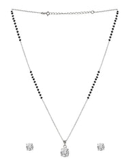 925 Silver Single Solitaire Round CZ Stone Pendant with Earrings Black Beads Mangalsutra