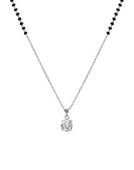 925 Silver Single Solitaire Round CZ Stone Pendant with Earrings Black Beads Mangalsutra