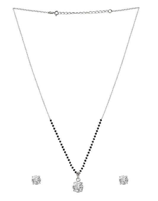 925 Silver Single Solitaire Round CZ Stone Pendant with Earrings Black Beads Mangalsutra