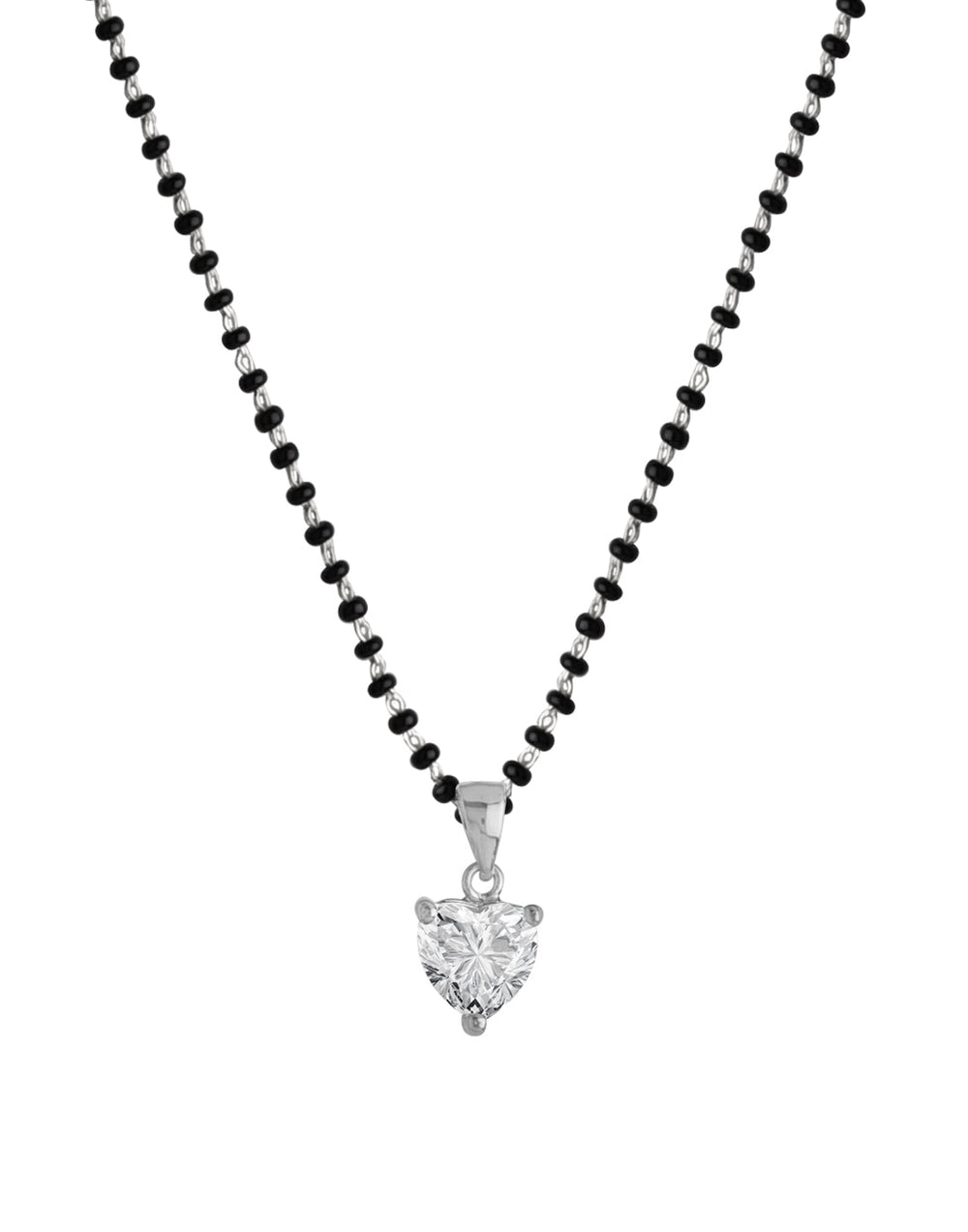 925 Silver Single Solitaire Heart CZ Stone Pendant Black Beads Modern Mangalsutra