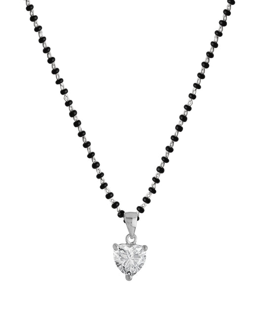 925 Silver Single Solitaire Heart CZ Stone Pendant Black Beads Modern Mangalsutra