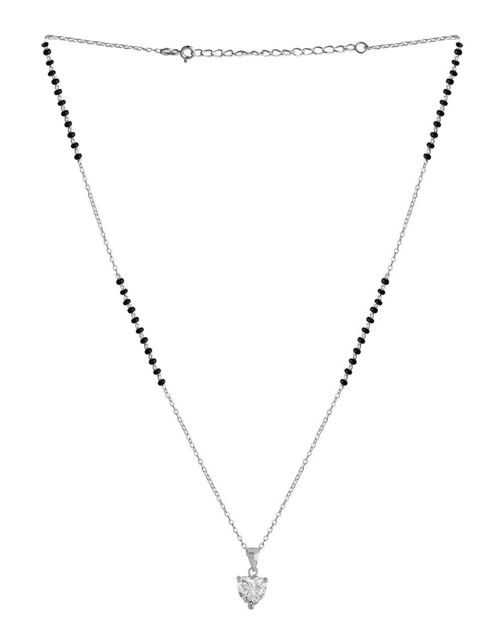 925 Silver Single Solitaire Heart CZ Stone Pendant Black Beads Modern Mangalsutra
