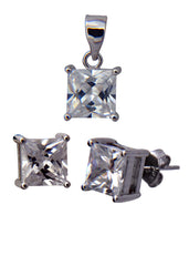 92.5 Sterling Silver Square Shape CZ Solitaire Pendant Set