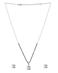 925 Silver Single Solitaire Square CZ Stone Pendant with Earrings Black Beads Mangalsutra