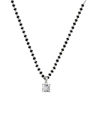 925 Silver Single Solitaire Square CZ Stone Pendant with Earrings Black Beads Mangalsutra