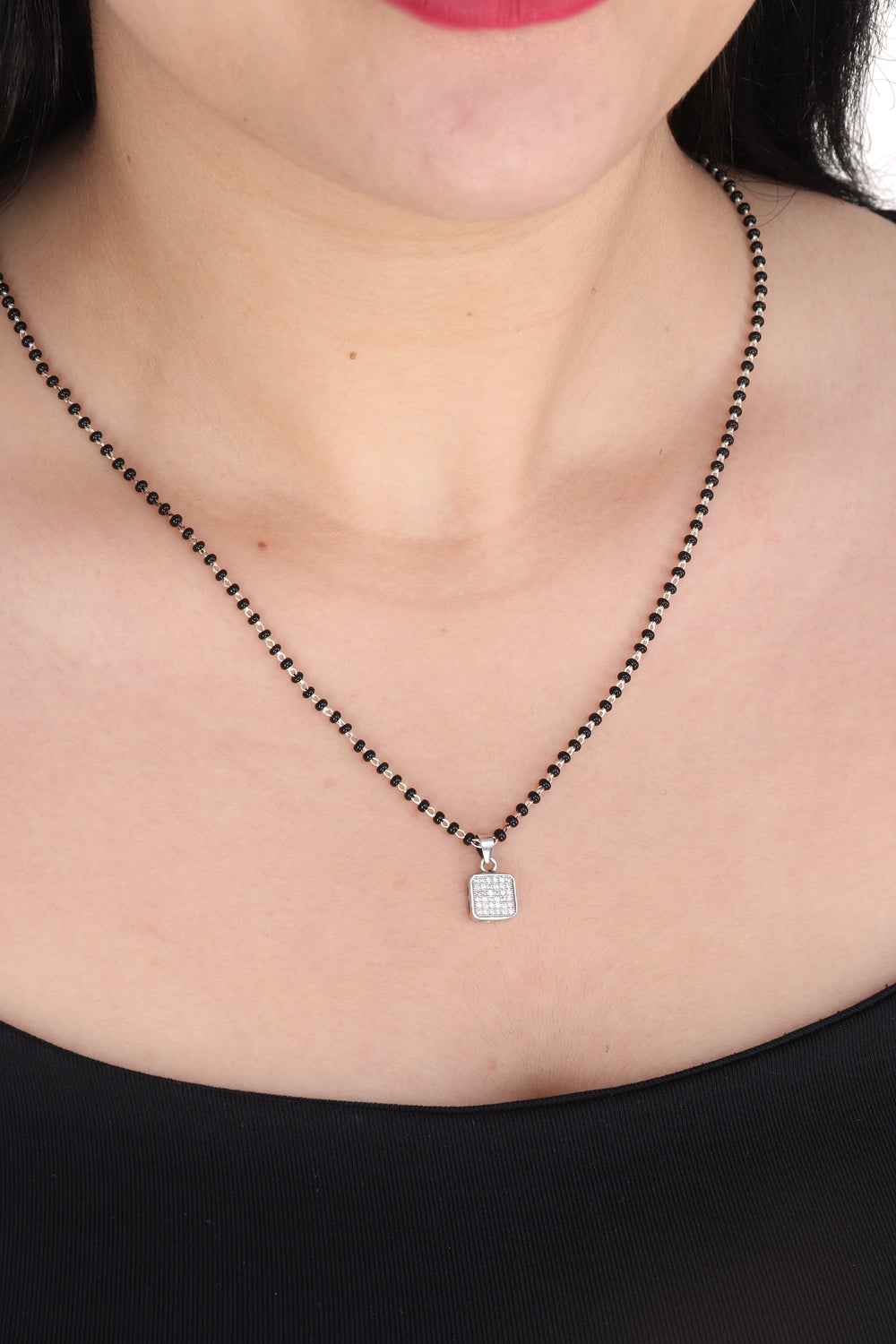 Square Solitaire Pendant and Earring Mangalsutra Set in Pure 925 Sterling Silver