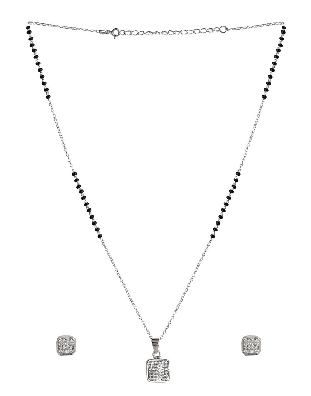 Square Solitaire Pendant and Earring Mangalsutra Set in Pure 925 Sterling Silver