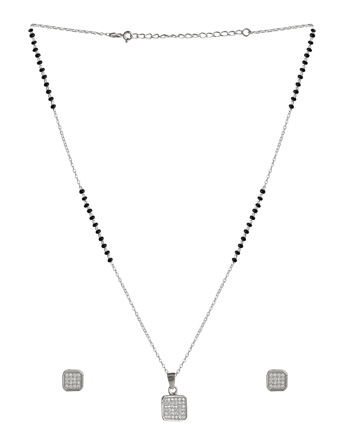 Square Solitaire Pendant and Earring Mangalsutra Set in Pure 925 Sterling Silver