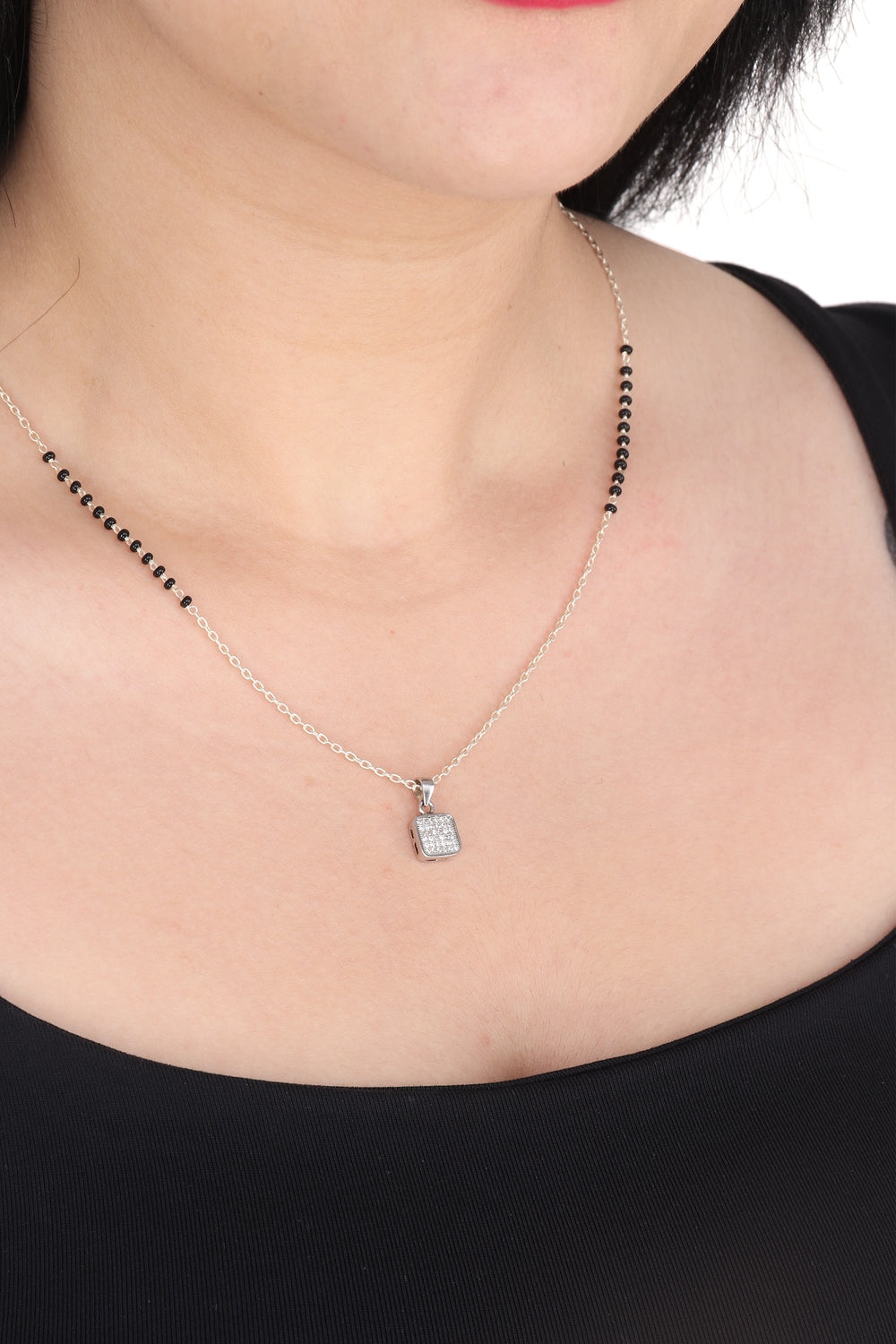 Square Solitaire Pendant and Earring Mangalsutra Set in Pure 925 Sterling Silver