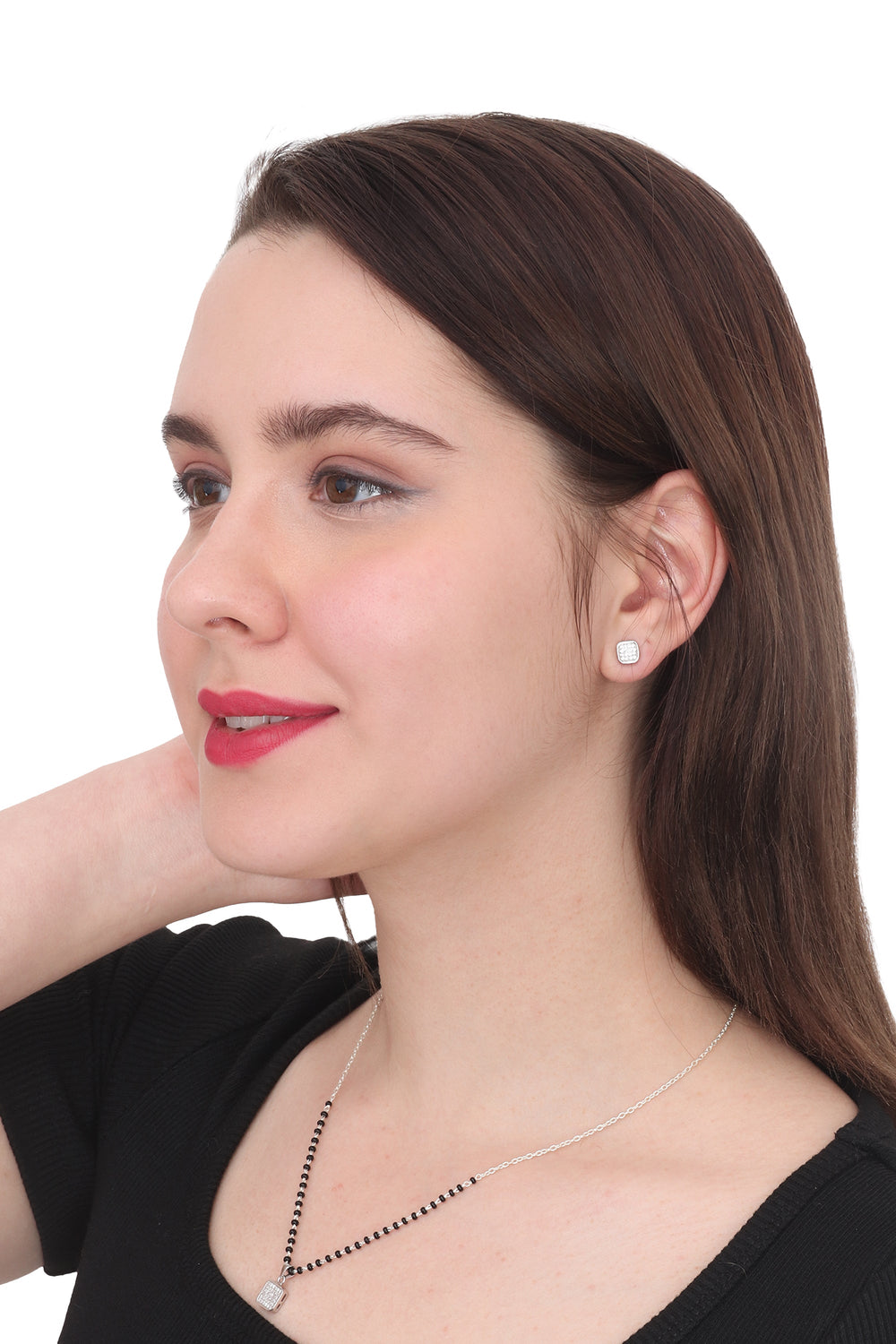 Square Cubic Zirconia Pendant and Earring Mangalsutra Set in Pure 925 Sterling Silver
