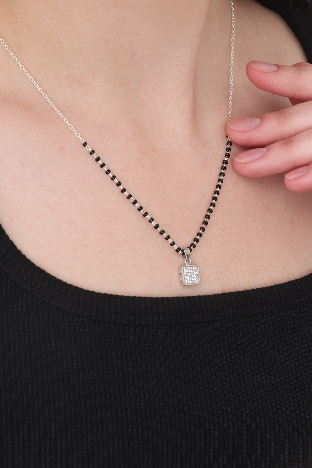 Square Cubic Zirconia Pendant and Earring Mangalsutra Set in Pure 925 Sterling Silver