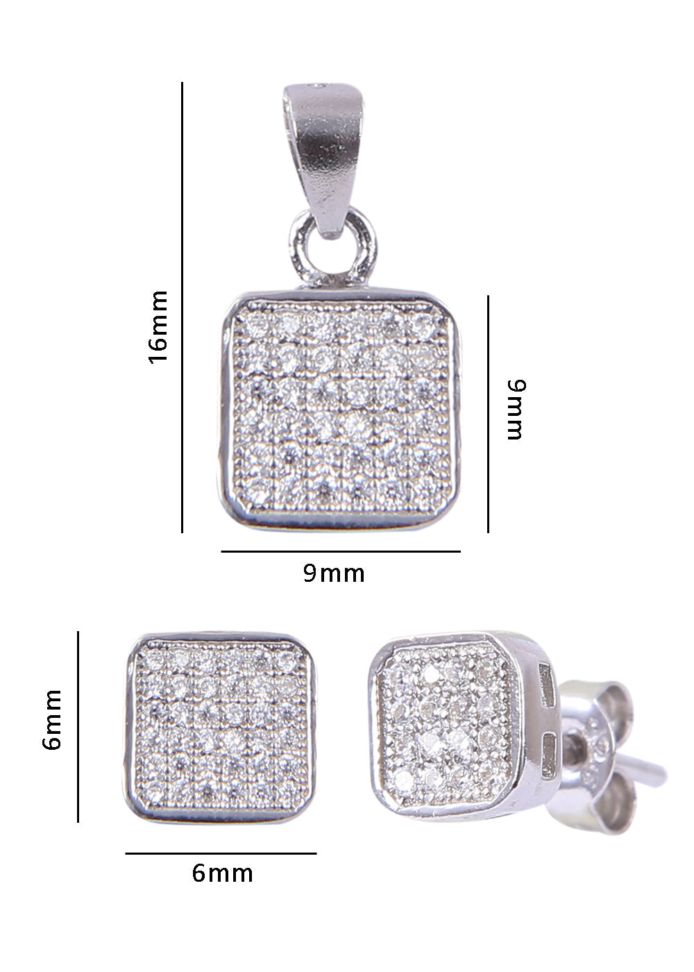 Square Cubic Zirconia Pendant and Earring Mangalsutra Set in Pure 925 Sterling Silver