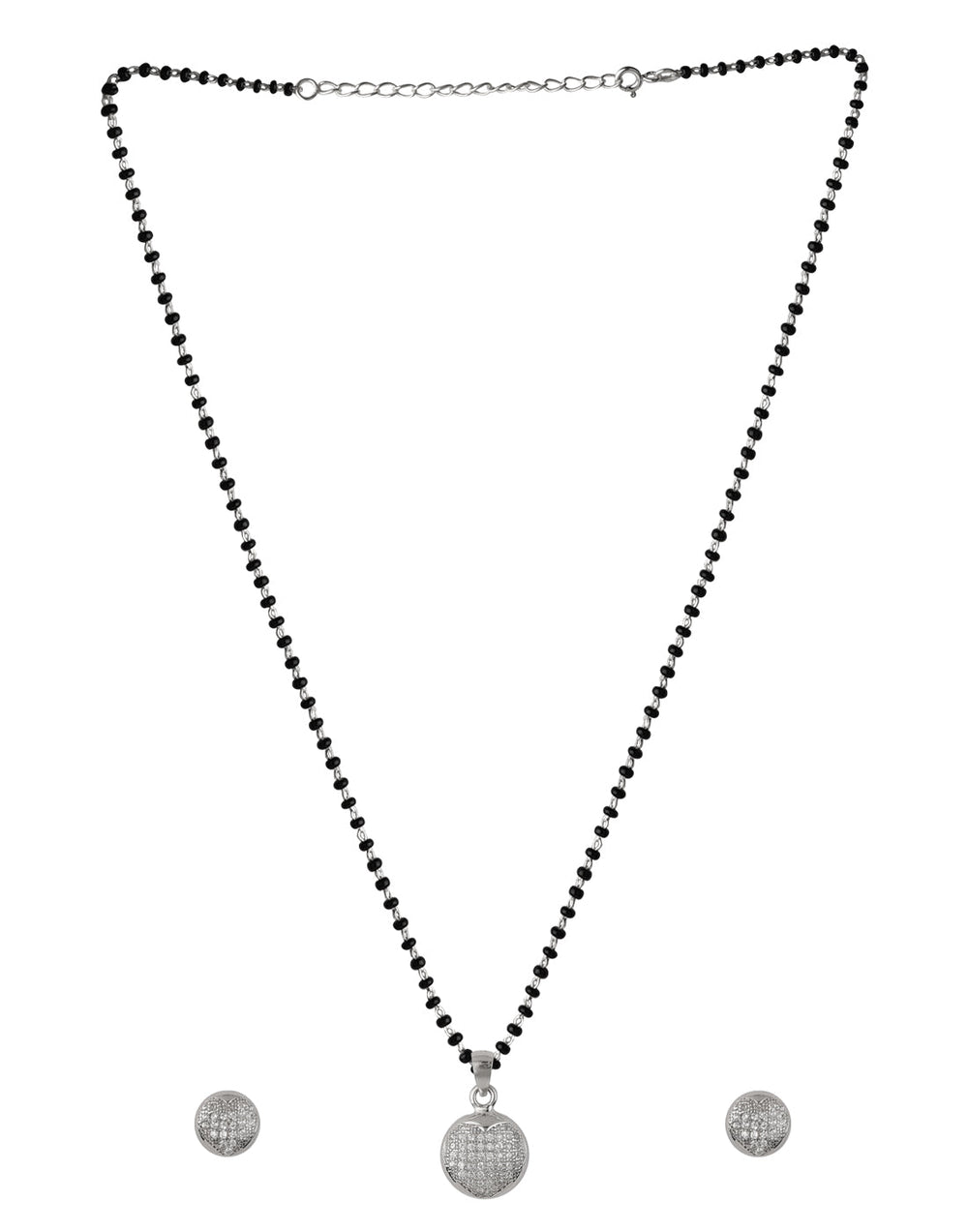 Round Cz Stone Pendant and Earring Mangalsutra Set in 925 Sterling Silver
