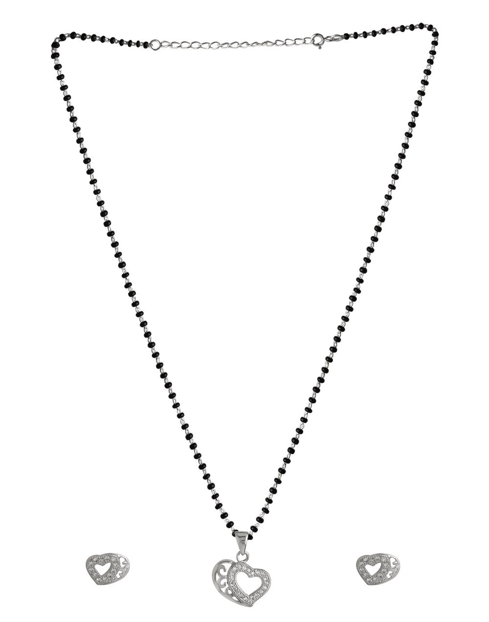 Designer Heart Pendant and Earring Mangalsutra Set in Pure 925 Sterling Silver