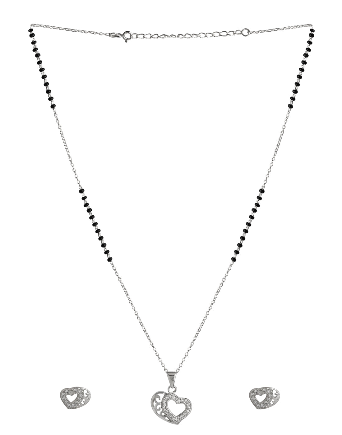 Designer Heart Pendant and Earring Mangalsutra Set in Pure 925 Sterling Silver
