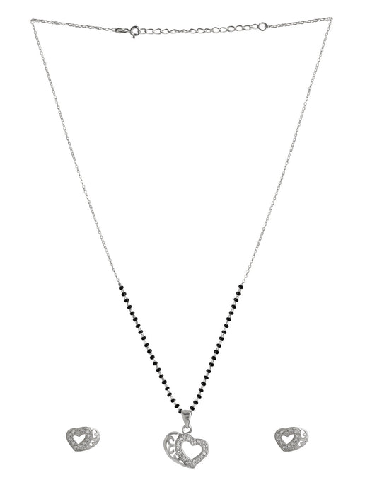 Designer Heart Pendant and Earring Mangalsutra Set in Pure 925 Sterling Silver