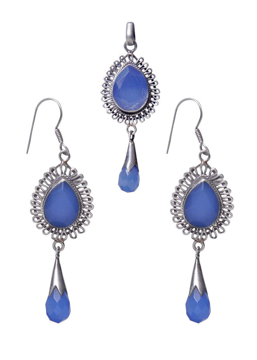 Designer Pure 92.5 Sterling Silver Blue Quartz Pendant Set - Default Title - Abhooshan