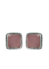92.5 Sterling Silver Designer Square Rose Quartz Precious Stone Stud Earrings