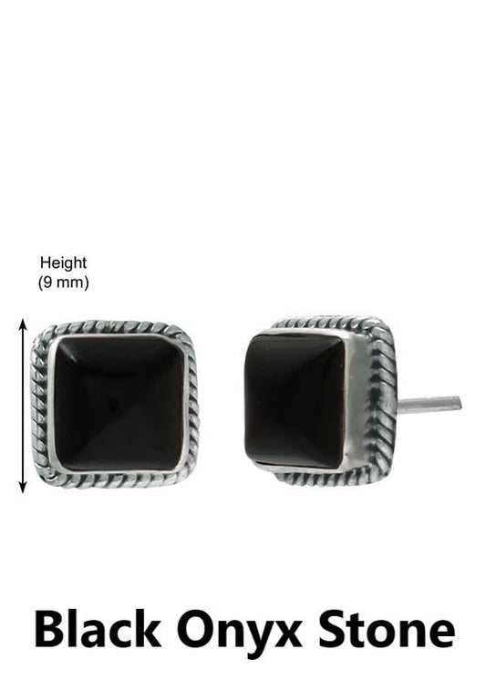 92.5 Sterling Silver Designer Square Shape Black Onyx Precious Stone Stud Earrings