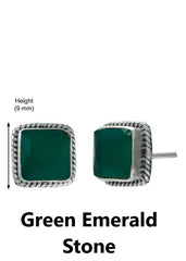 92.5 Sterling Silver Designer Square Emerald Precious Stone Stud Earrings