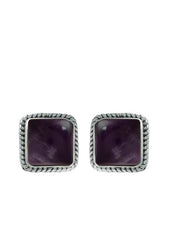 92.5 Sterling Silver Designer Square Amethyst Precious Stone Stud Earrings