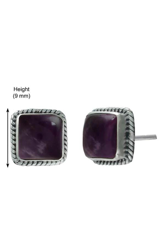 92.5 Sterling Silver Designer Square Amethyst Precious Stone Stud Earrings