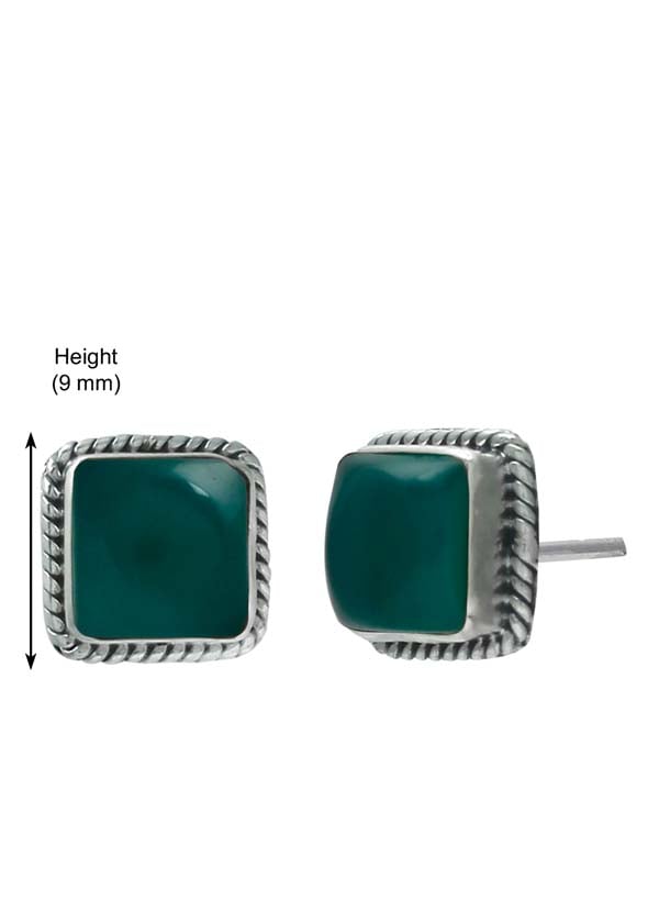 92.5 Sterling Silver Designer Square Green Onyx Precious Stone Stud Earrings
