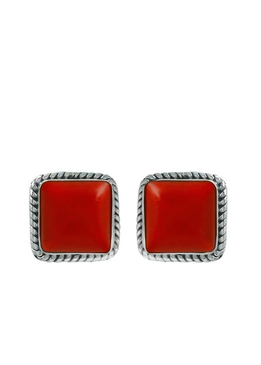 92.5 Sterling Silver Designer Square Red Coral Precious Stone Stud Earrings