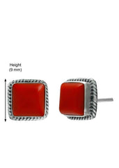 92.5 Sterling Silver Designer Square Red Coral Precious Stone Stud Earrings