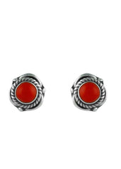 92.5 Sterling Silver Designer Red Coral Precious Stone Stud Earrings