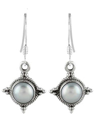 925 Sterling Silver Handmade Dangler Hanging Earrings with White Pearl
