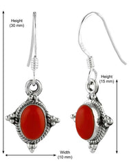 925 Sterling Silver Handmade Dangler Hanging Earrings with Red Coral Stone