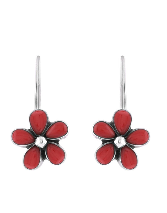 925 Sterling Silver Flower Dangler Hanging Earrings with Red Coral Stone