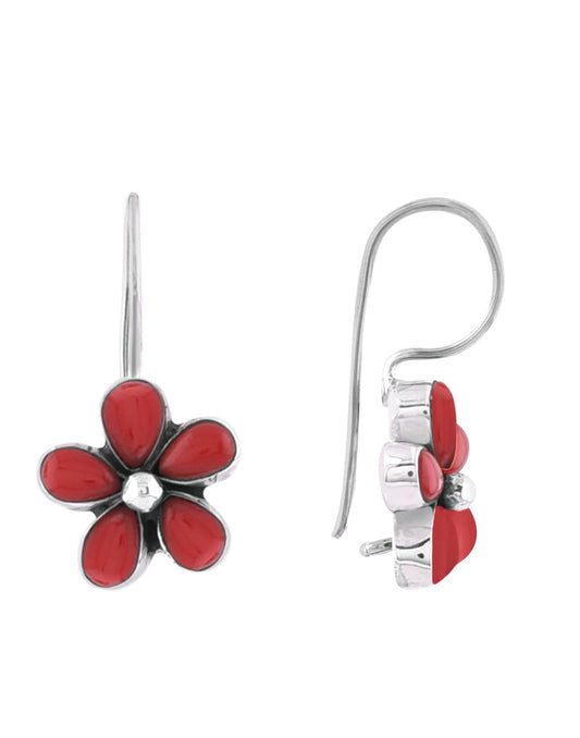 925 Sterling Silver Flower Dangler Hanging Earrings with Red Coral Stone