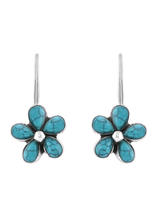 925 Sterling Silver Flower Dangler Hanging Earrings with Blue Turquoise Stone