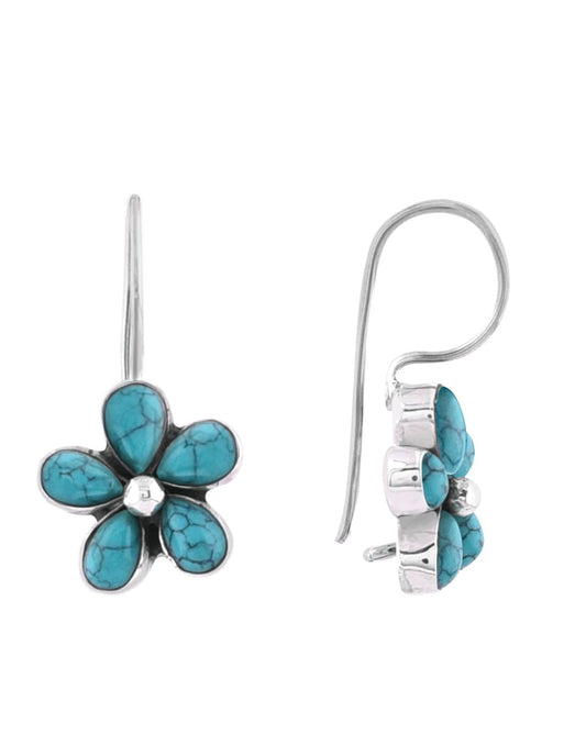 925 Sterling Silver Flower Dangler Hanging Earrings with Blue Turquoise Stone