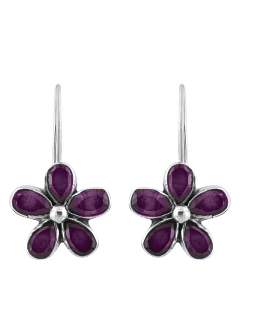 925 Sterling Silver Flower Dangler Hanging Earrings with Ruby Stone - Default Title - Abhooshan