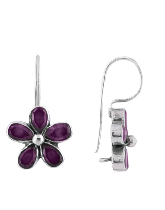 925 Sterling Silver Flower Dangler Hanging Earrings with Ruby Stone