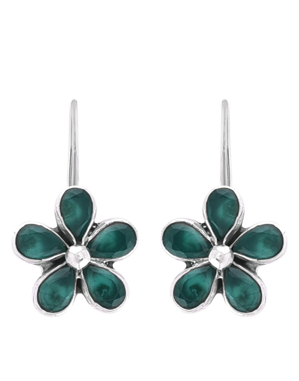 925 Sterling Silver Flower Dangler Hanging Earrings with Emerald Stone