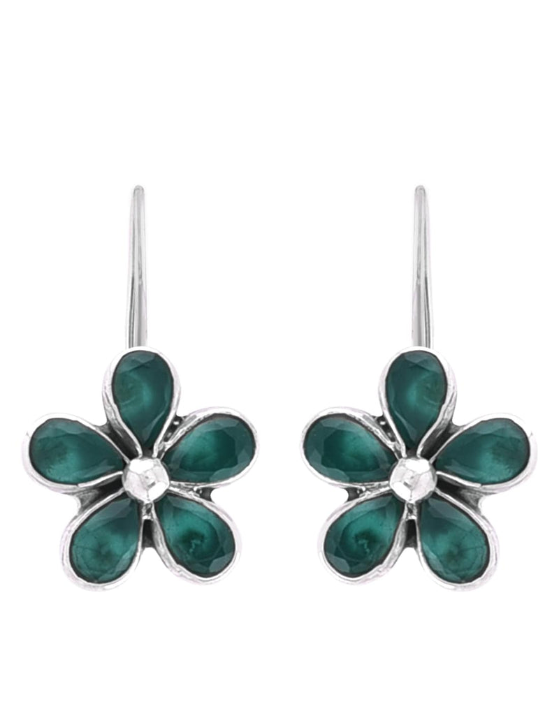 925 Sterling Silver Flower Dangler Hanging Earrings with Emerald Stone
