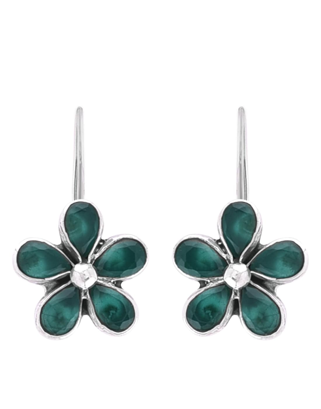 925 Sterling Silver Flower Dangler Hanging Earrings with Emerald Stone