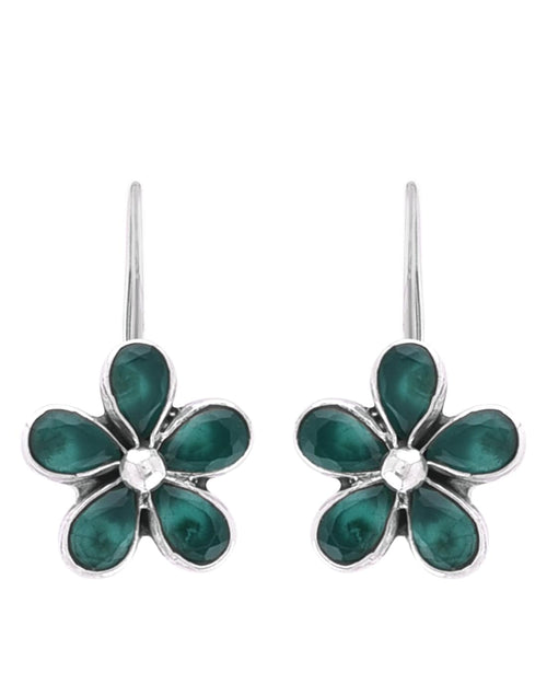 925 Sterling Silver Flower Dangler Hanging Earrings with Emerald Stone - Default Title - Abhooshan