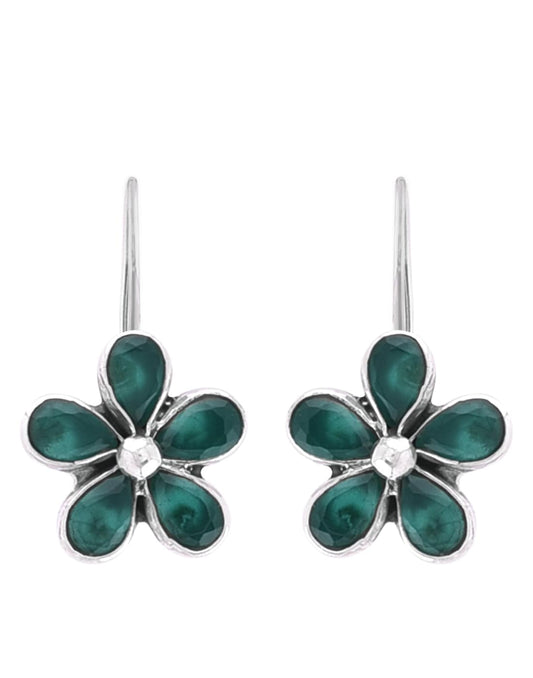 925 Sterling Silver Flower Dangler Hanging Earrings with Emerald Stone