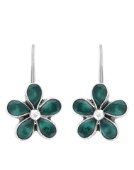 925 Sterling Silver Flower Dangler Hanging Earrings with Emerald Stone