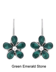 925 Sterling Silver Flower Dangler Hanging Earrings with Emerald Stone