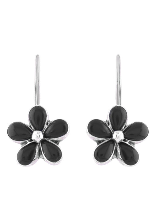 925 Sterling Silver Flower Dangler Hanging Earrings with Black Onyx Stone