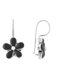 925 Sterling Silver Flower Dangler Hanging Earrings with Black Onyx Stone