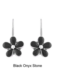 925 Sterling Silver Flower Dangler Hanging Earrings with Black Onyx Stone